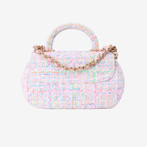 Chanel Mini Flap Bag with Top Handle in Pink Tweed Leather with Gold Hardware