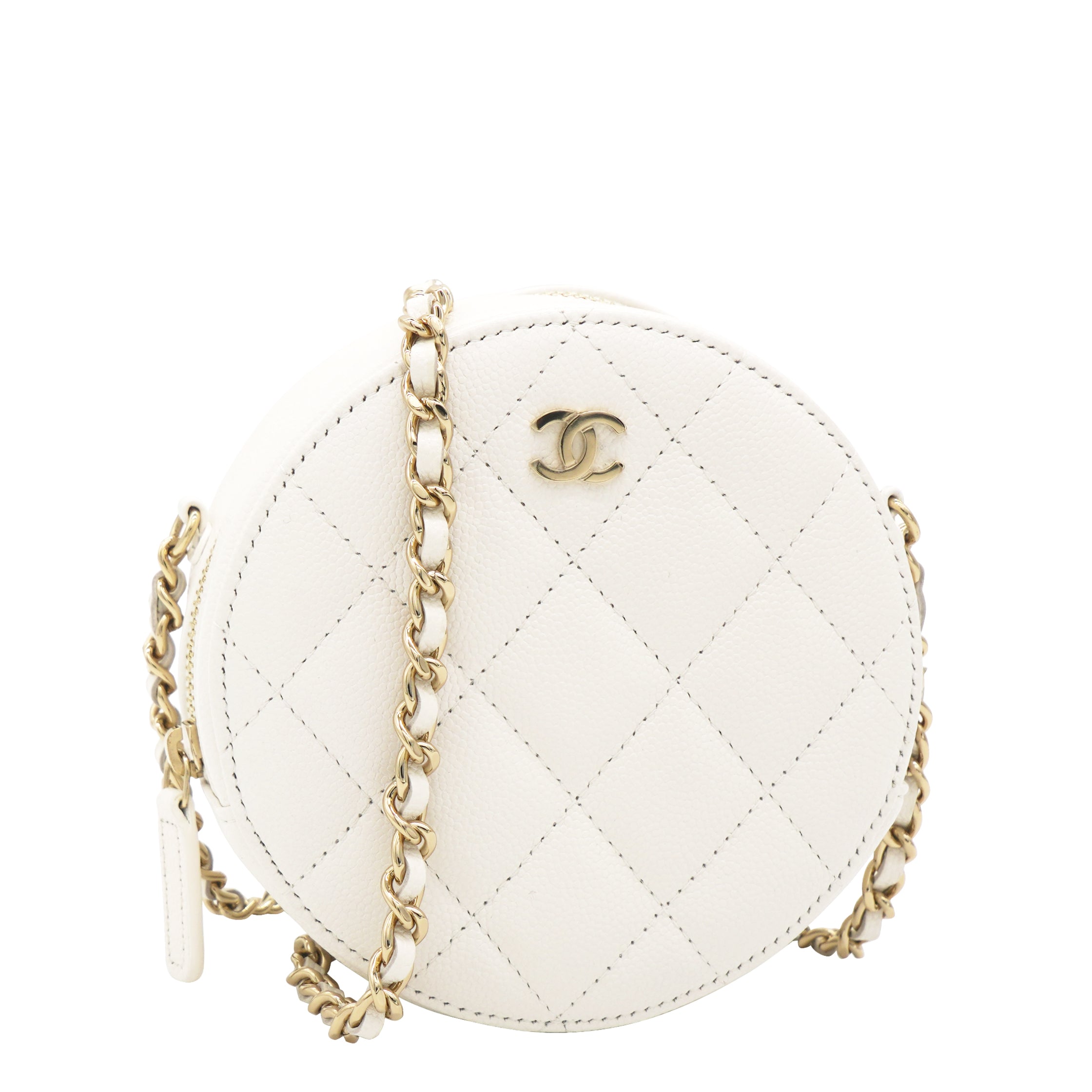 Caviar Quilted Round Clutch with Chain White