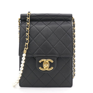 Vertical Pearls Clutch with Chic Pearl Chain In Black and Gold Hardware GHW