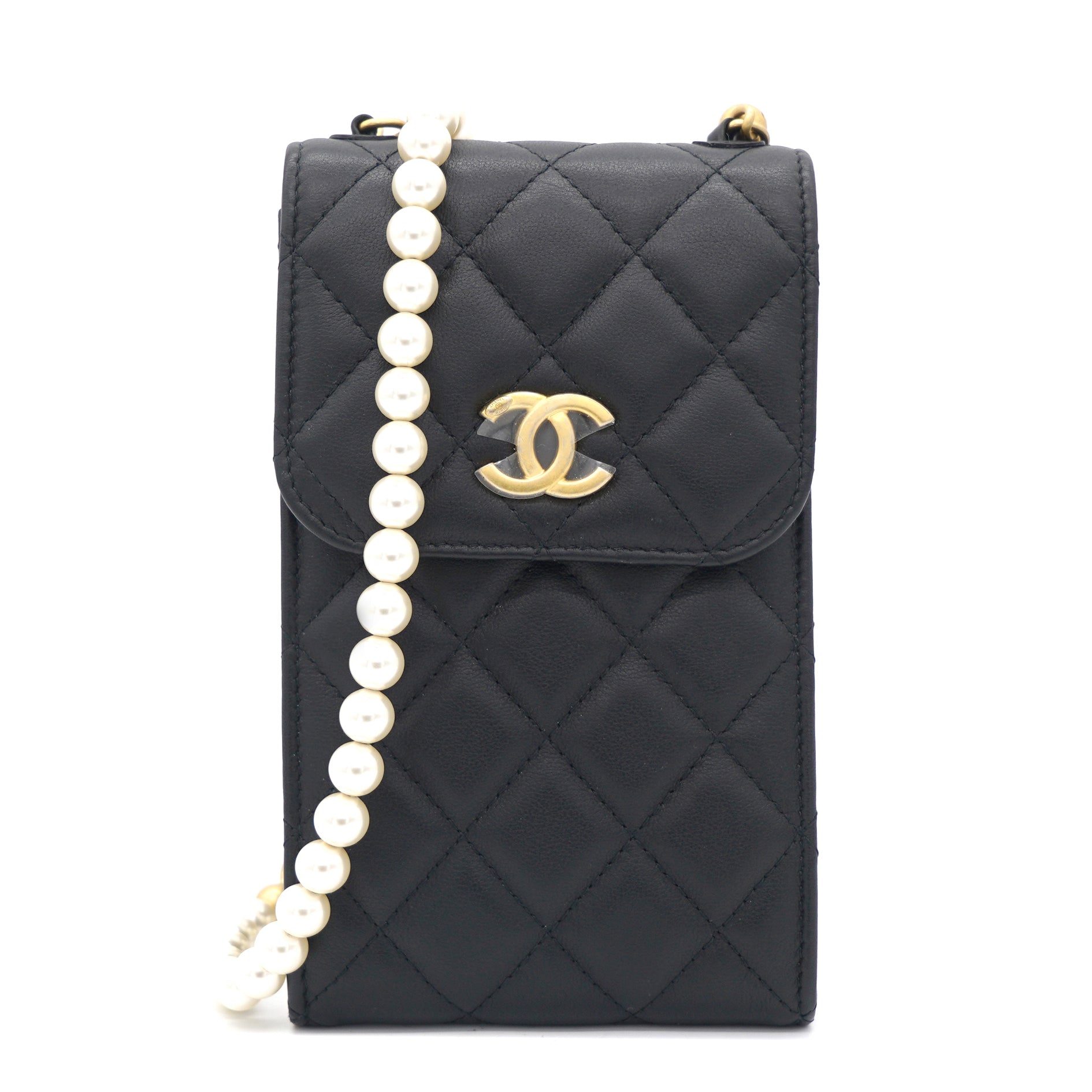 Lambskin Quilted Vertical Pearl Strap Black
