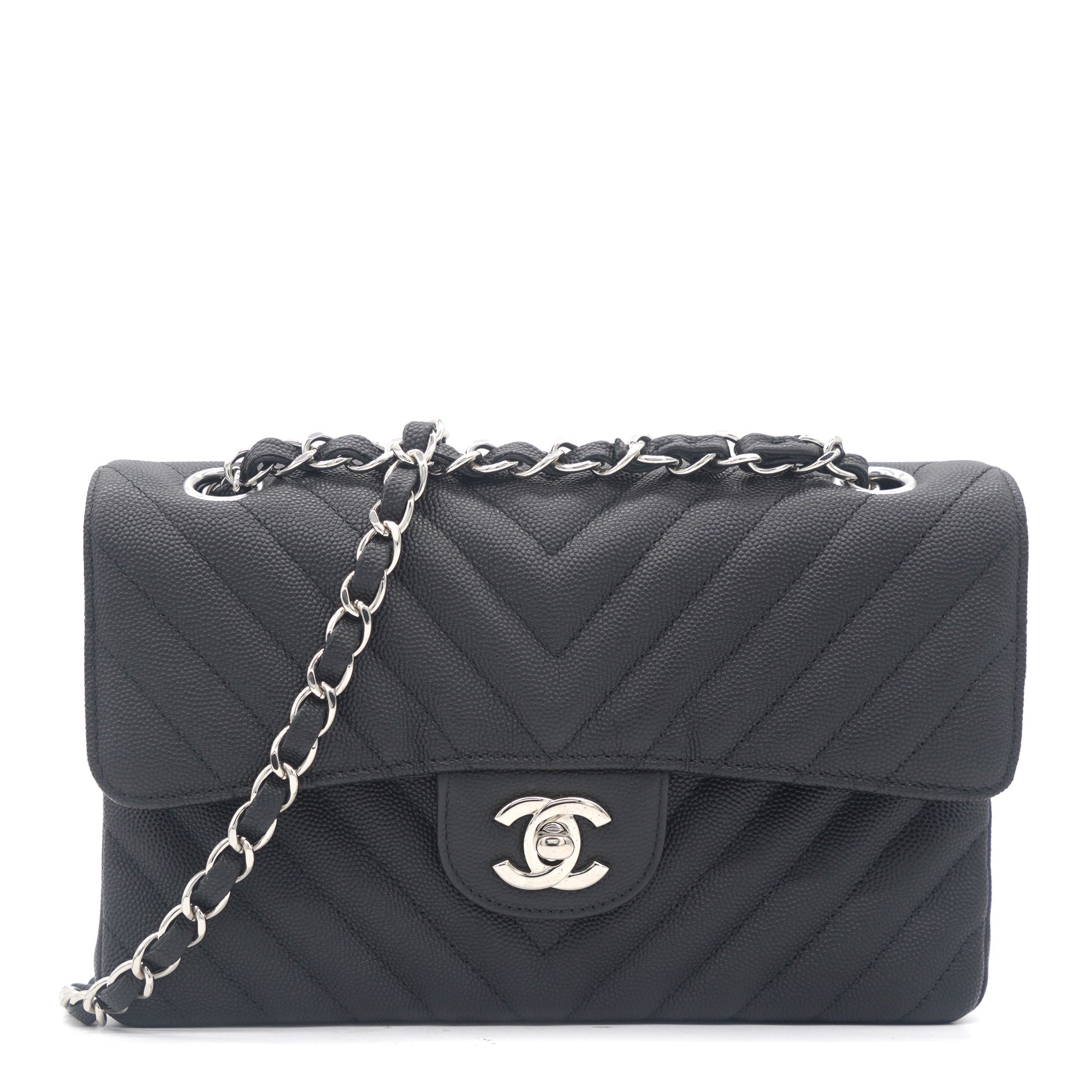 Caviar Chevron Quilted Small Double Flap Black