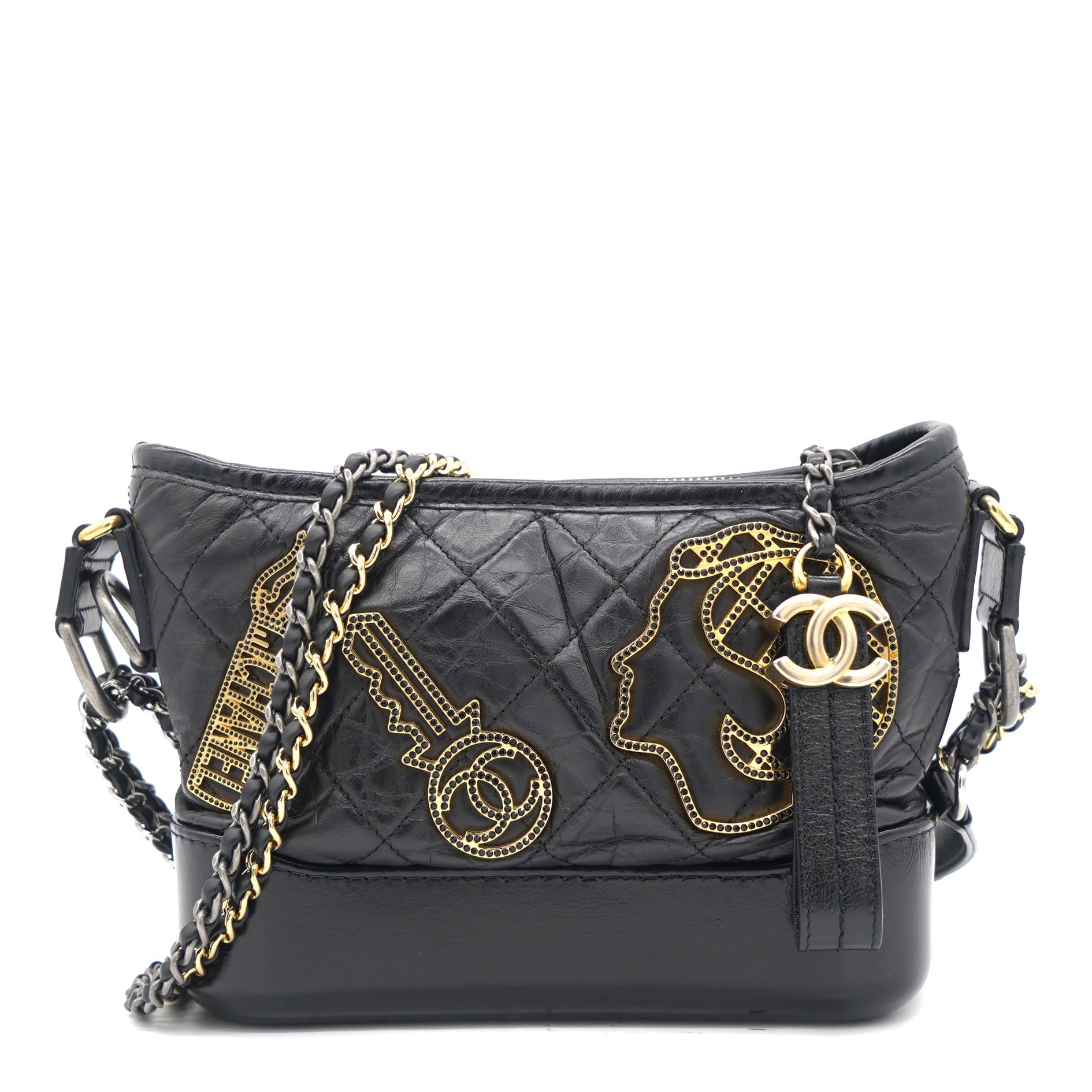 Black Aged Calfskin Quilted Charms Small Gabrielle Bag
