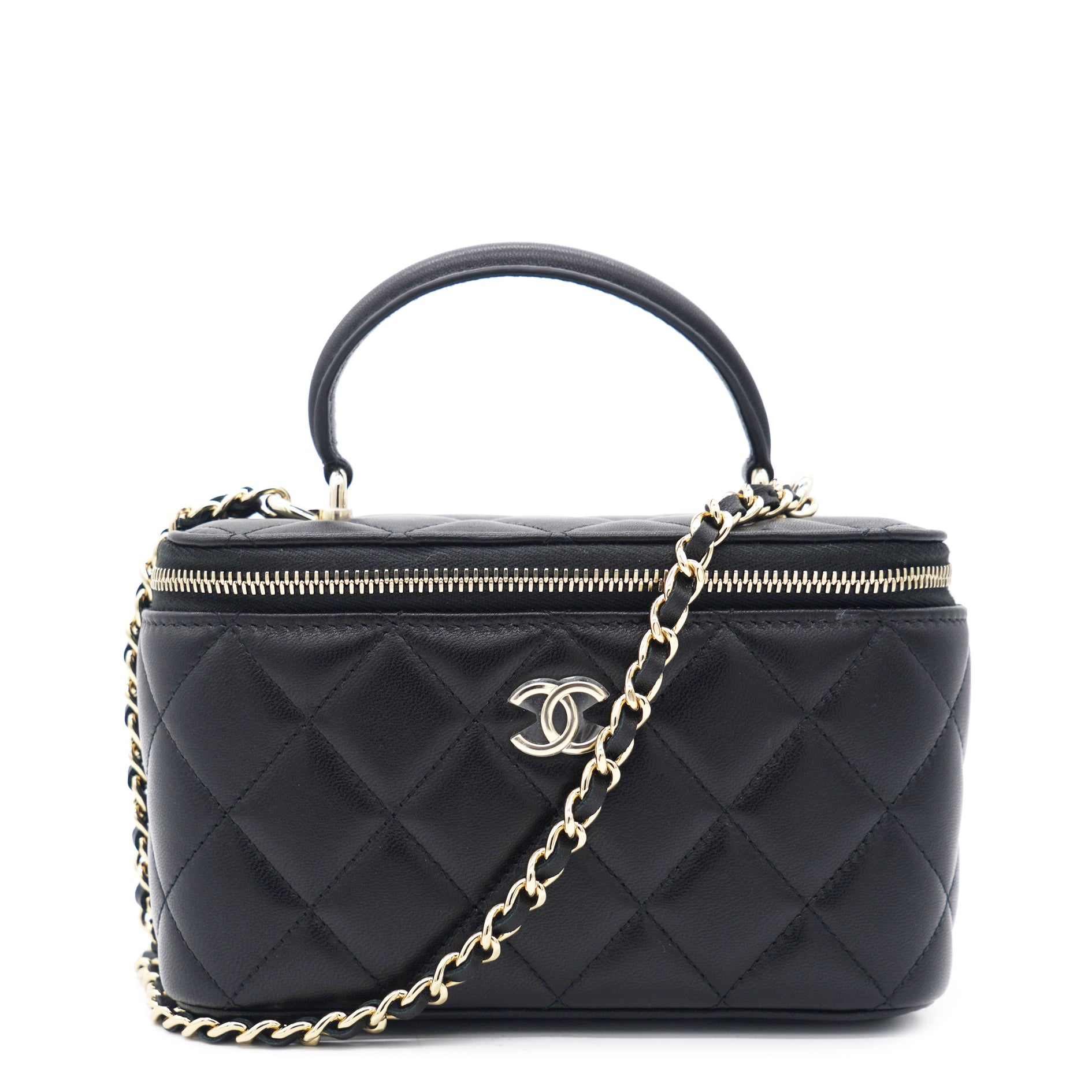 Lambskin Quilted Small Top Handle Vanity Case With Chain Black