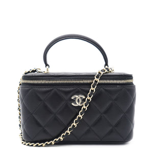 Lambskin Quilted Small Top Handle Vanity Case With Chain Black