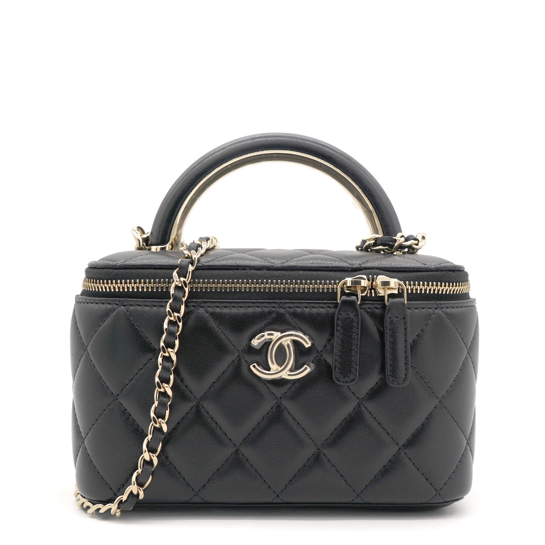 Lambskin Quilted Small Top Handle Vanity Case With Chain Black
