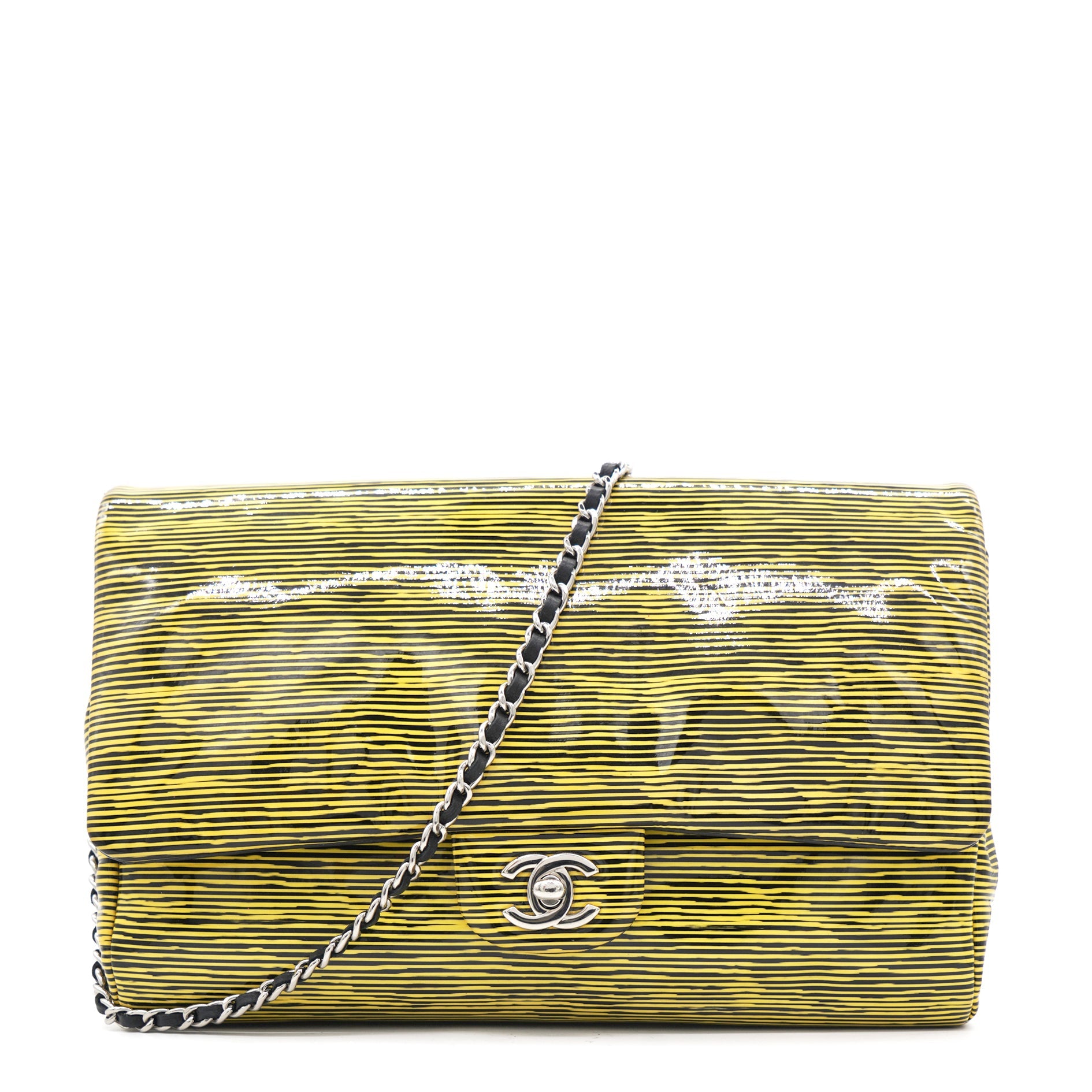 Patent Calfskin Striped Single Flap Bag