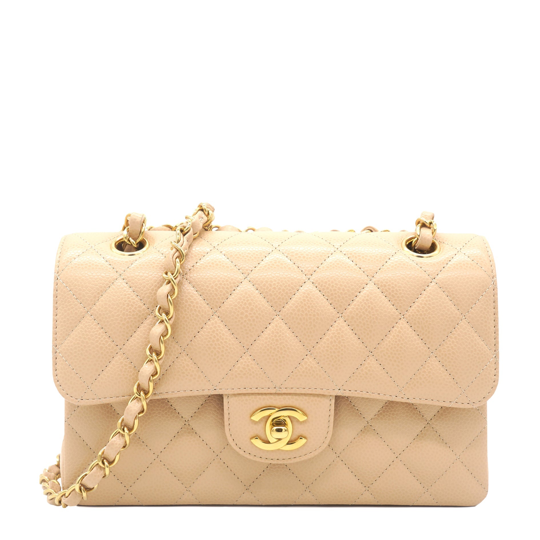 Caviar Quilted Small Classic Double Flap Beige