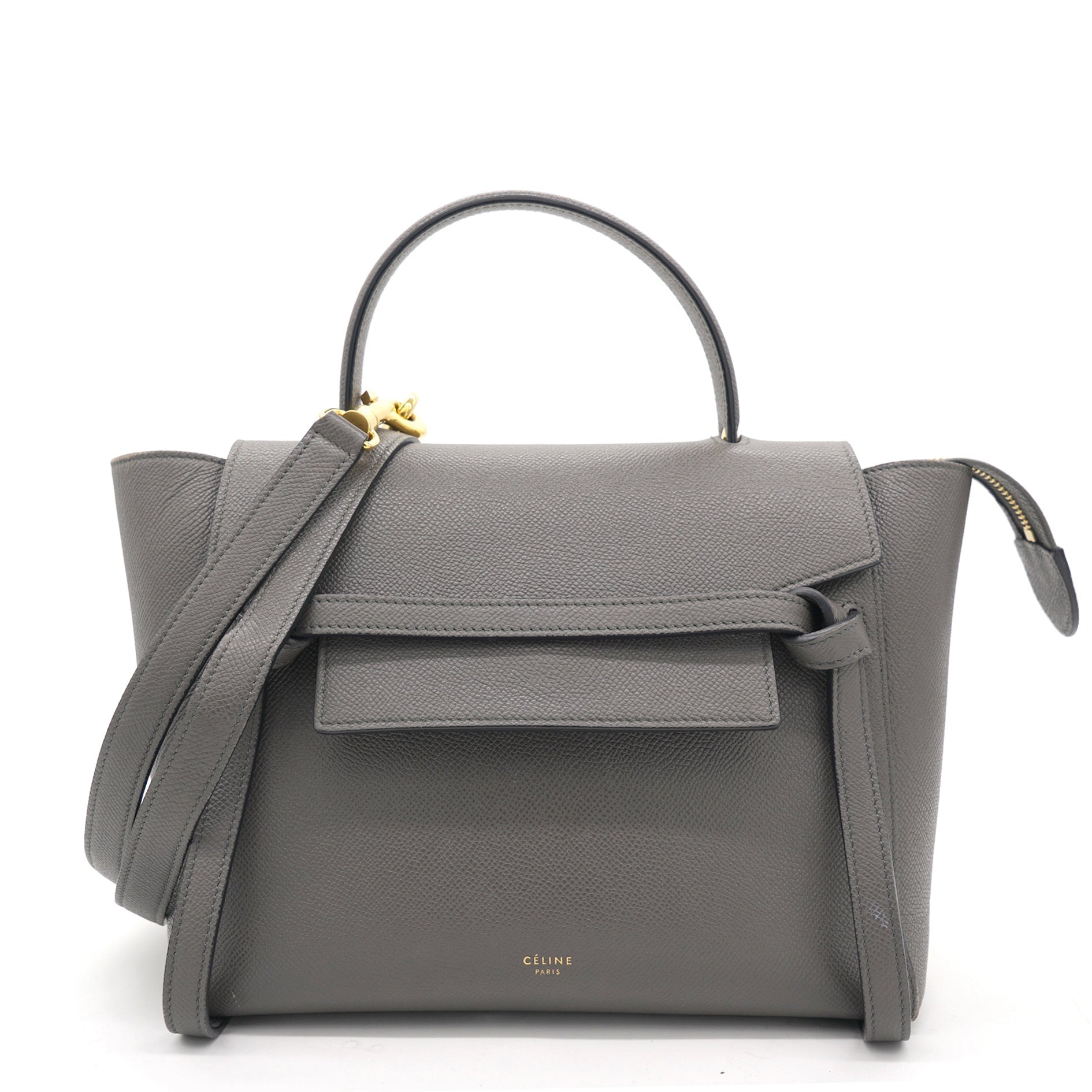 Grey Leather Micro Belt Top Handle Bag