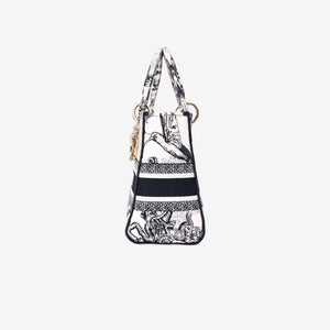 Dior Medium Lady D-Lite Zodiac Embroidered Bag in White/Black Canvas with Gold Hardware