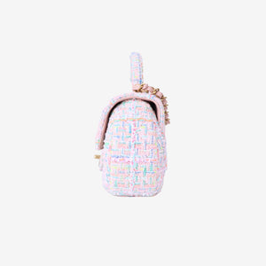 Chanel Mini Flap Bag with Top Handle in Pink Tweed Leather with Gold Hardware