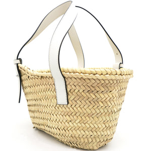 White Woven Raffia and Leather Basket Bag