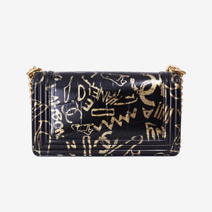 Chanel Medium Boy Flap Bag in Black Embossed Calfskin Leather with Gold Hardware