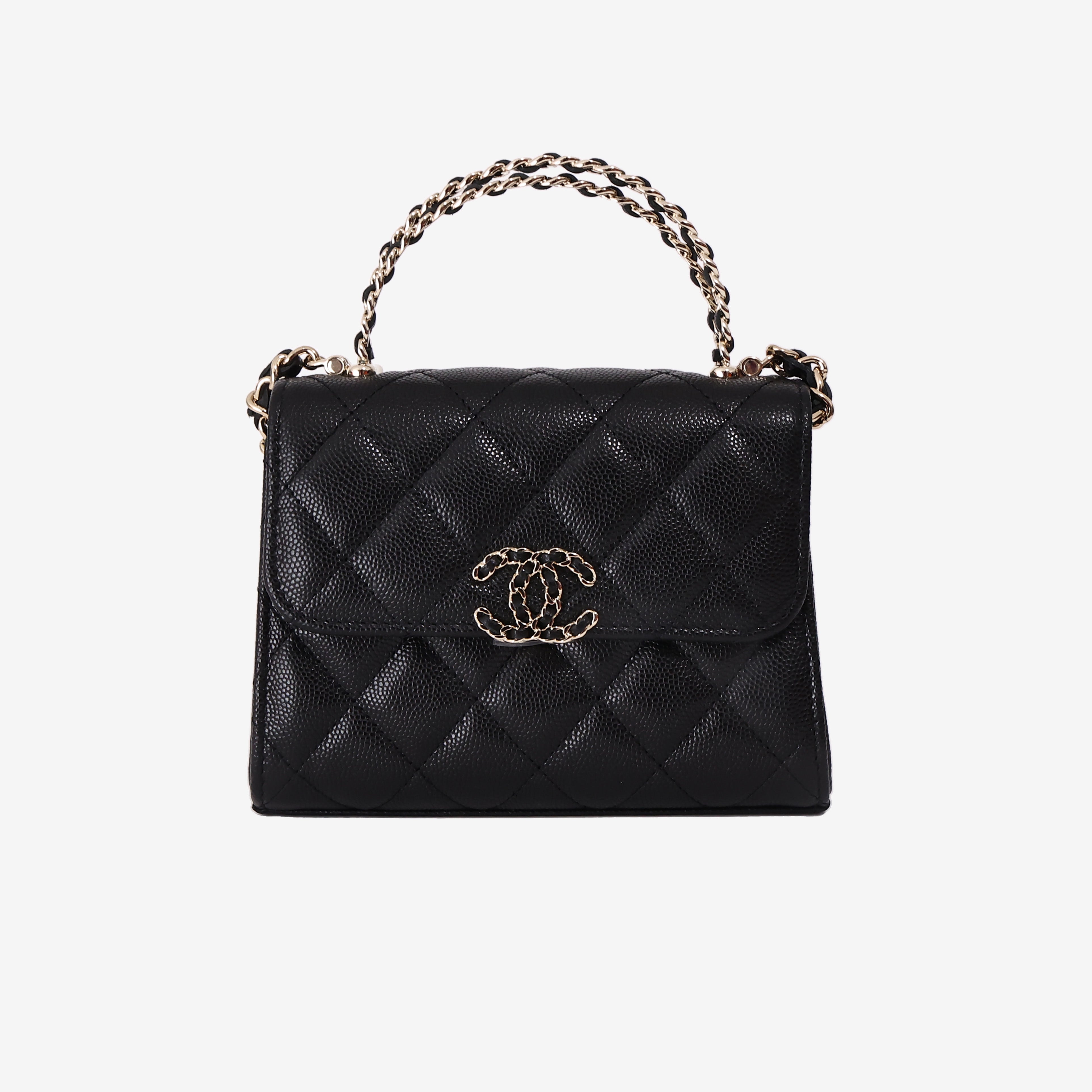 Chanel Double Chain Top Handle Flap in Black Caviar Leather with Gold Hardware