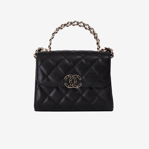 Chanel Double Chain Top Handle Flap in Black Caviar Leather with Gold Hardware