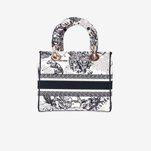 Dior Medium Lady D-Lite Zodiac Embroidered Bag in White/Black Canvas with Gold Hardware