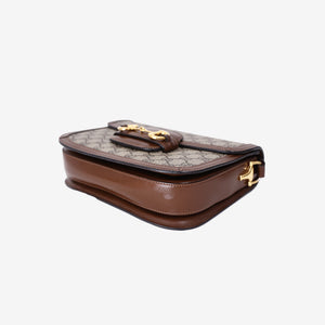 Gucci Horsebit 1955 Shoulder Bag in Beige Brown GG Canvas and Calfskin Leather with Gold Hardware