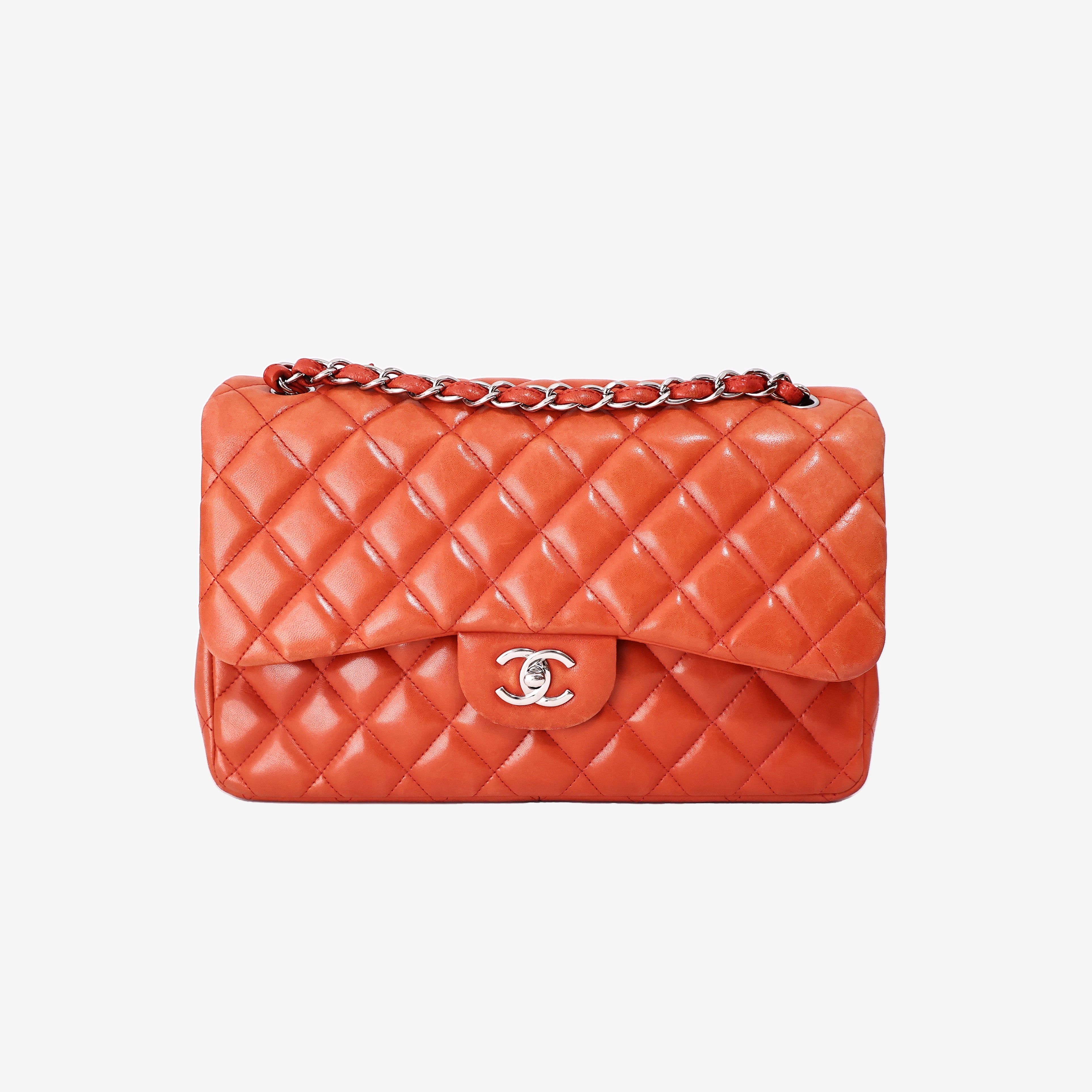 Chanel Jumbo Classic Flap Bag in Orange Lambskin Leather with Silver Hardware