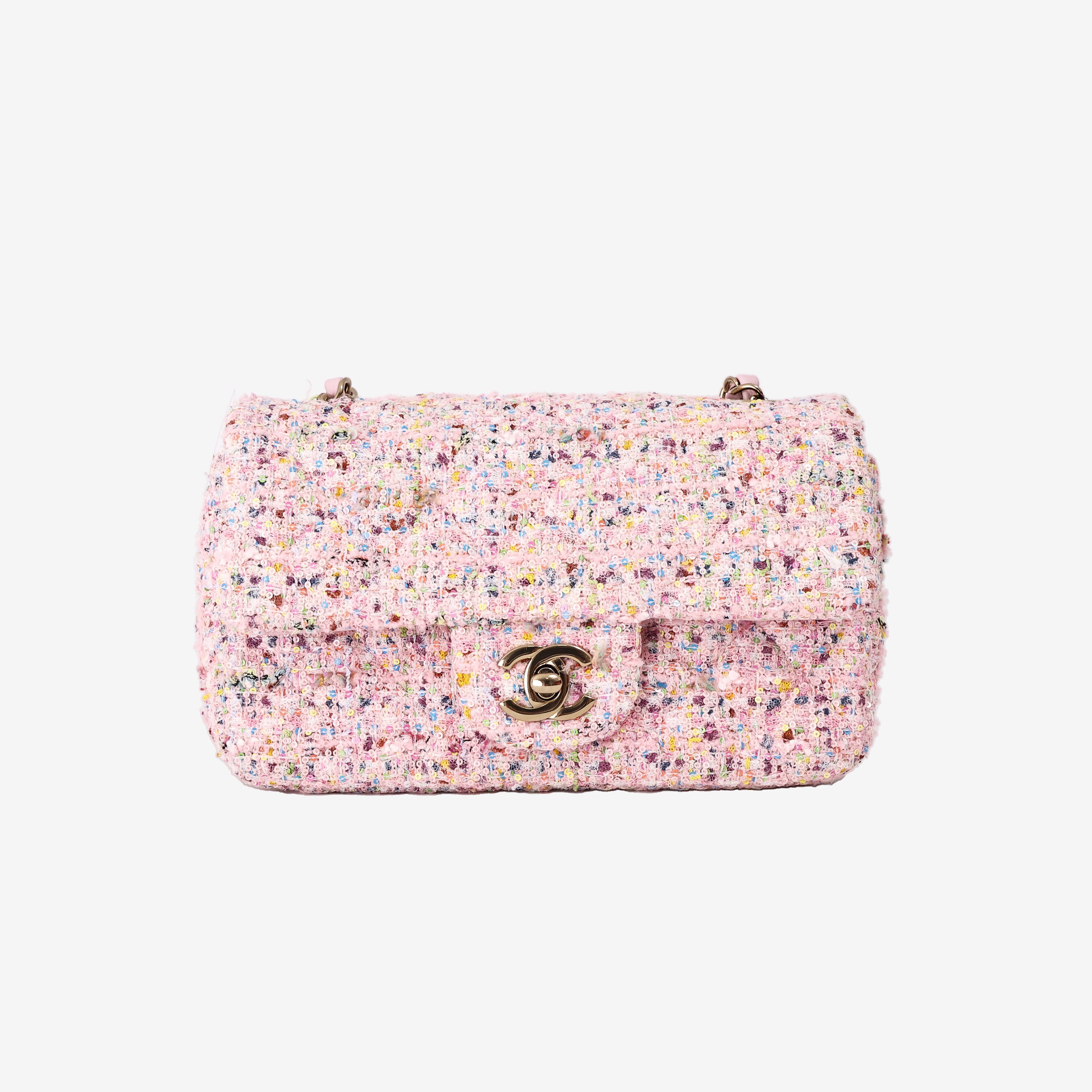 Chanel Mini Classic Rectangular Flap Bag in Pink Multicolour Tweed with Gold Hardware