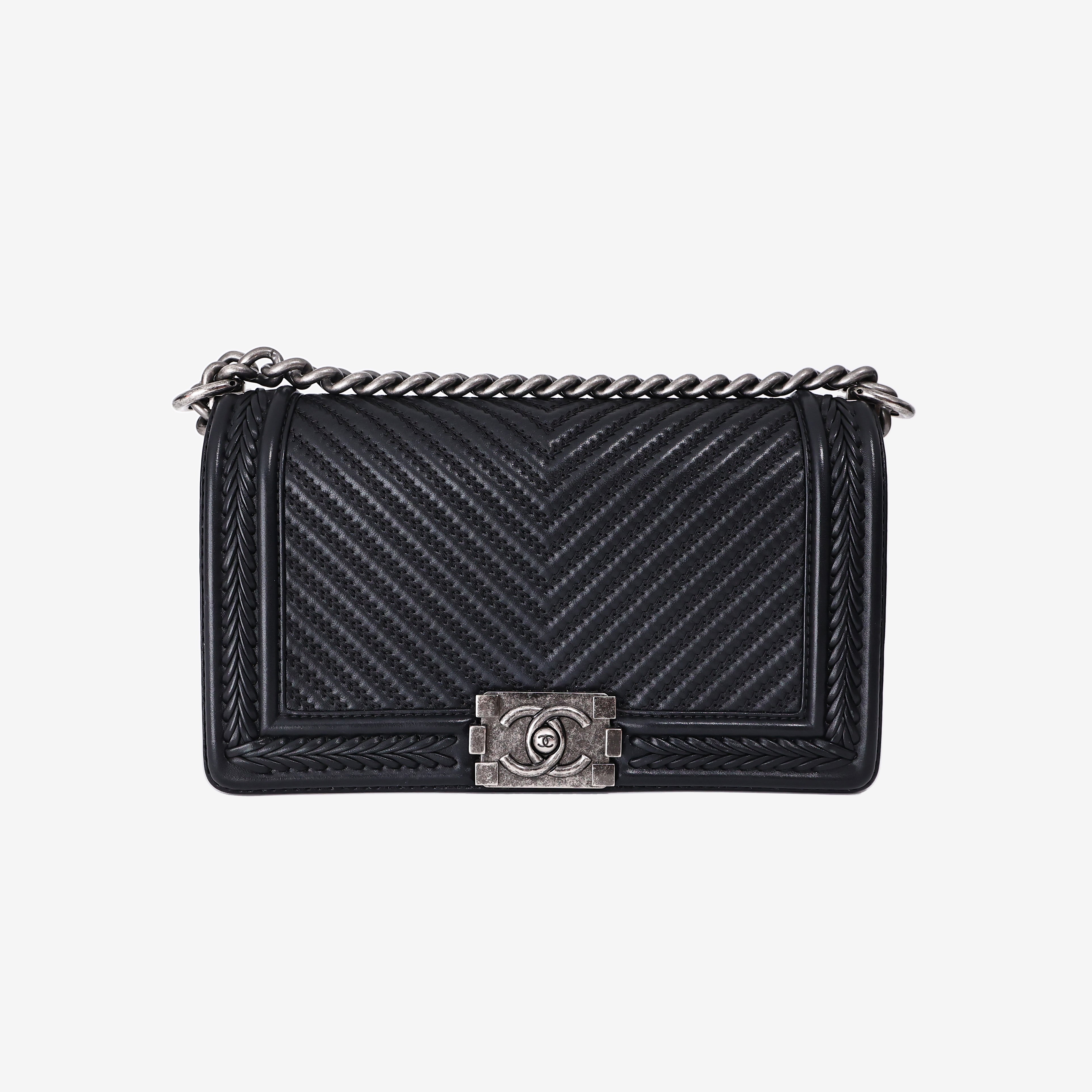 Chanel New Medium Boy Bag in Black Chevron Lambskin Leather with Silver Hardware