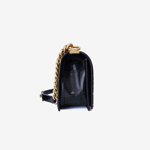 Chanel Medium Boy Flap Bag in Black Embossed Calfskin Leather with Gold Hardware