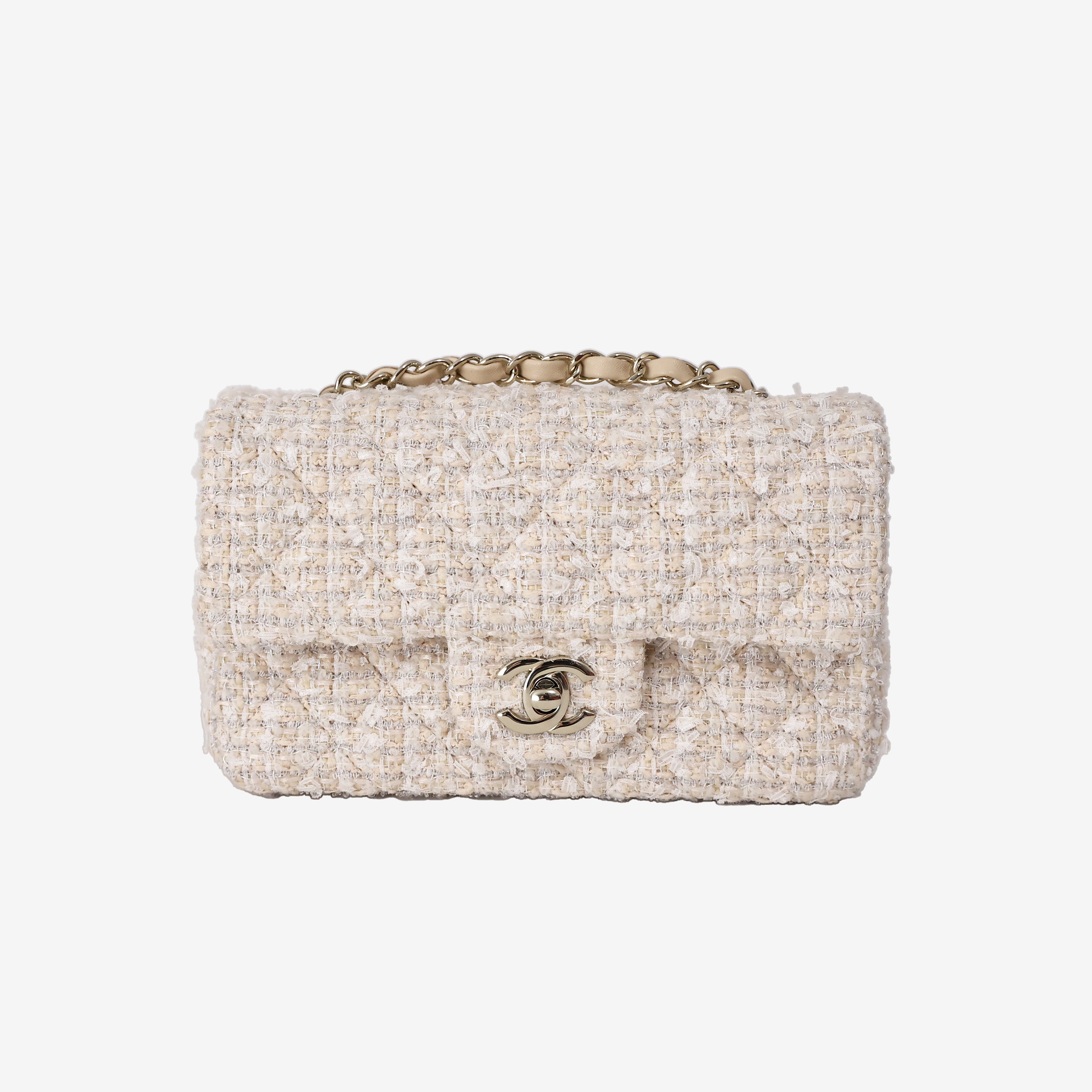 Chanel Tweed Quilted Mini Rectangular Flap in Off-White and Beige Tweed with Gold Hardware (Contact to Enquire)
