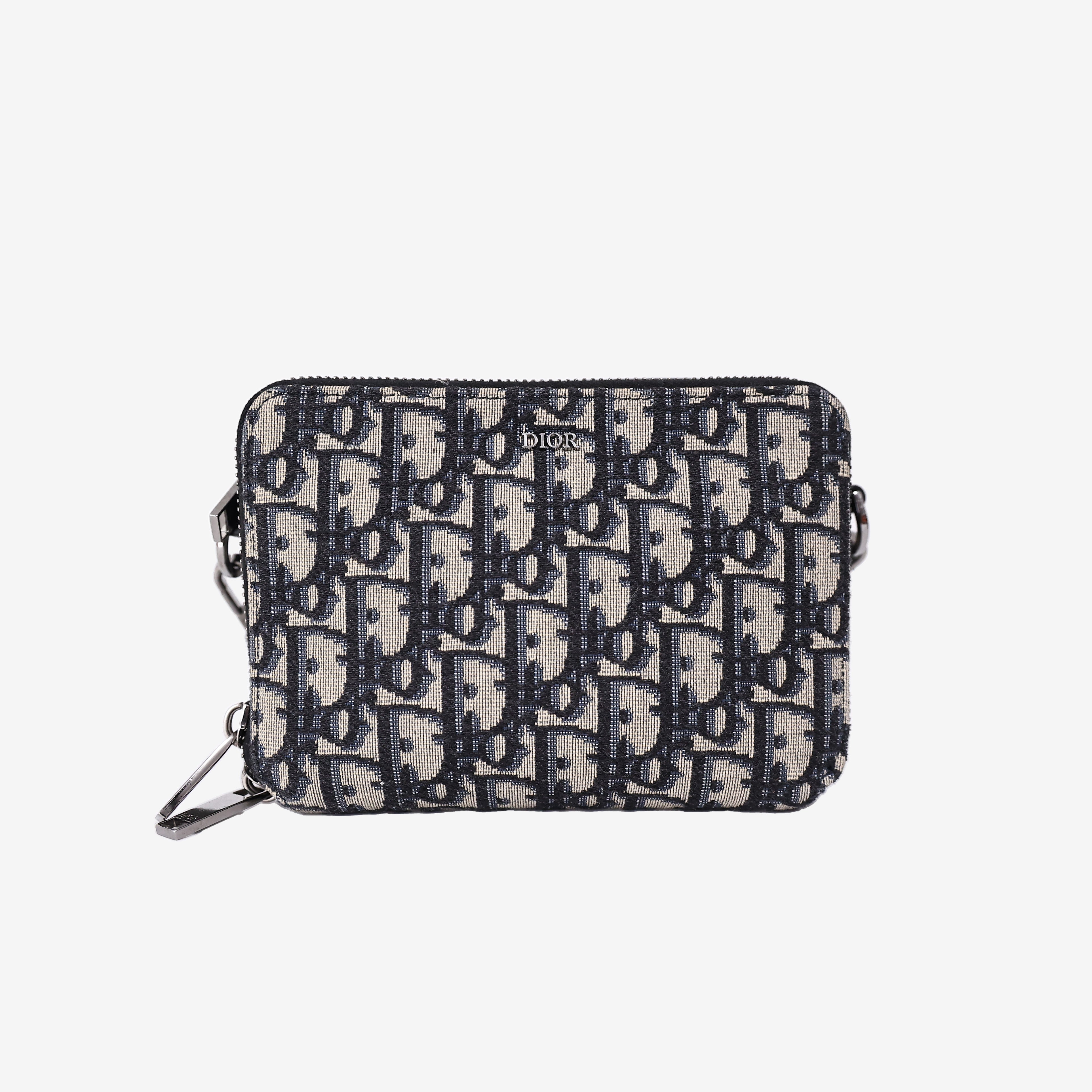 Dior Zipped Pouch in Blue Oblique Jacquard Canvas with Silver Hardware