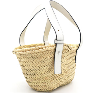 White Woven Raffia and Leather Basket Bag