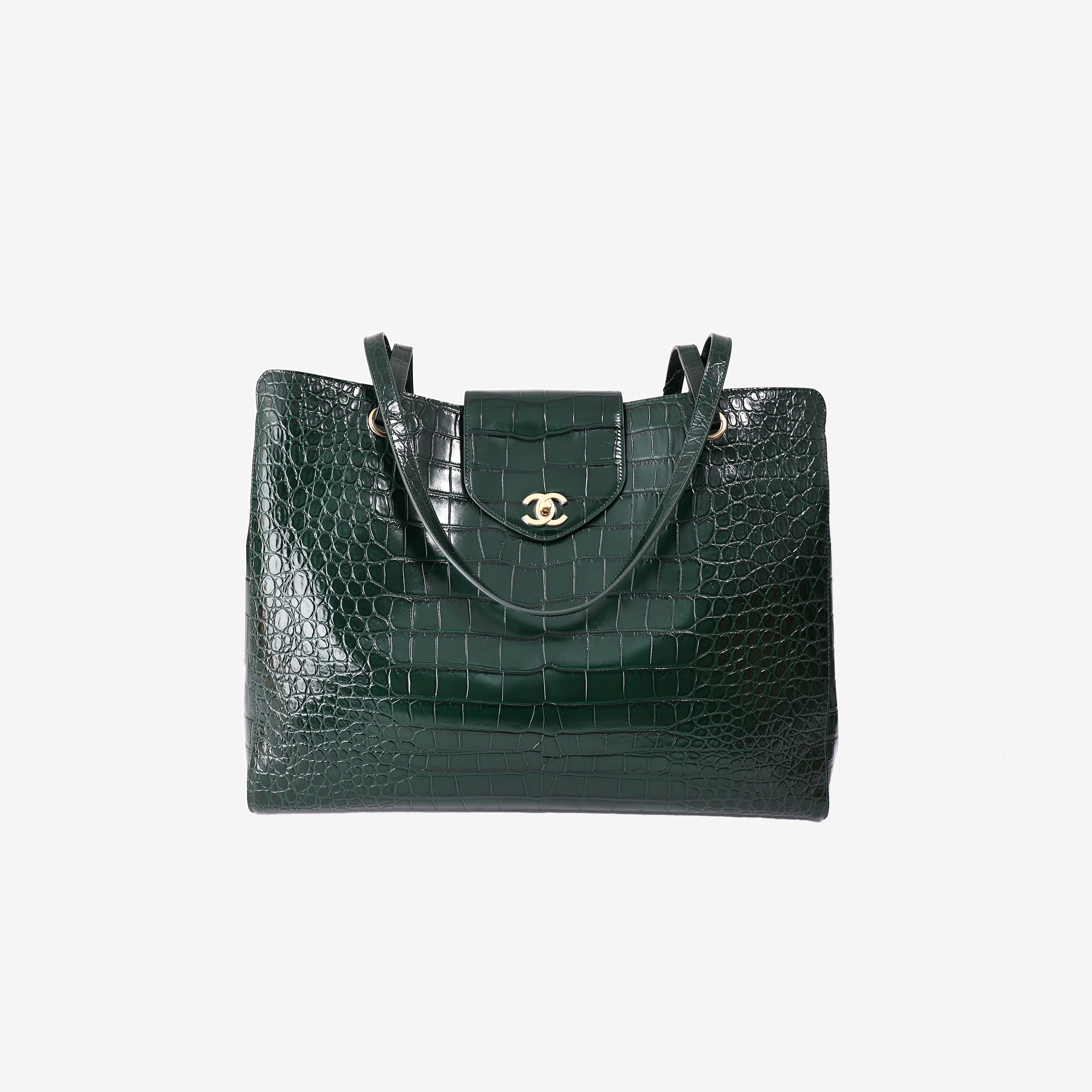 Chanel 26S Matthieu Blazy Crocodile-Embossed Tote Bag in Dark Green Calfskin with Gold Hardware (Contact to Enquire)