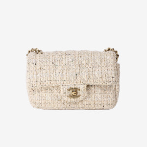 Chanel Tweed Quilted Mini Rectangular Flap Bag in Light Yellow Tweed with Gold Hardware