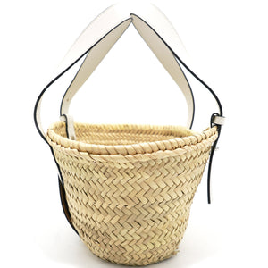 White Woven Raffia and Leather Basket Bag