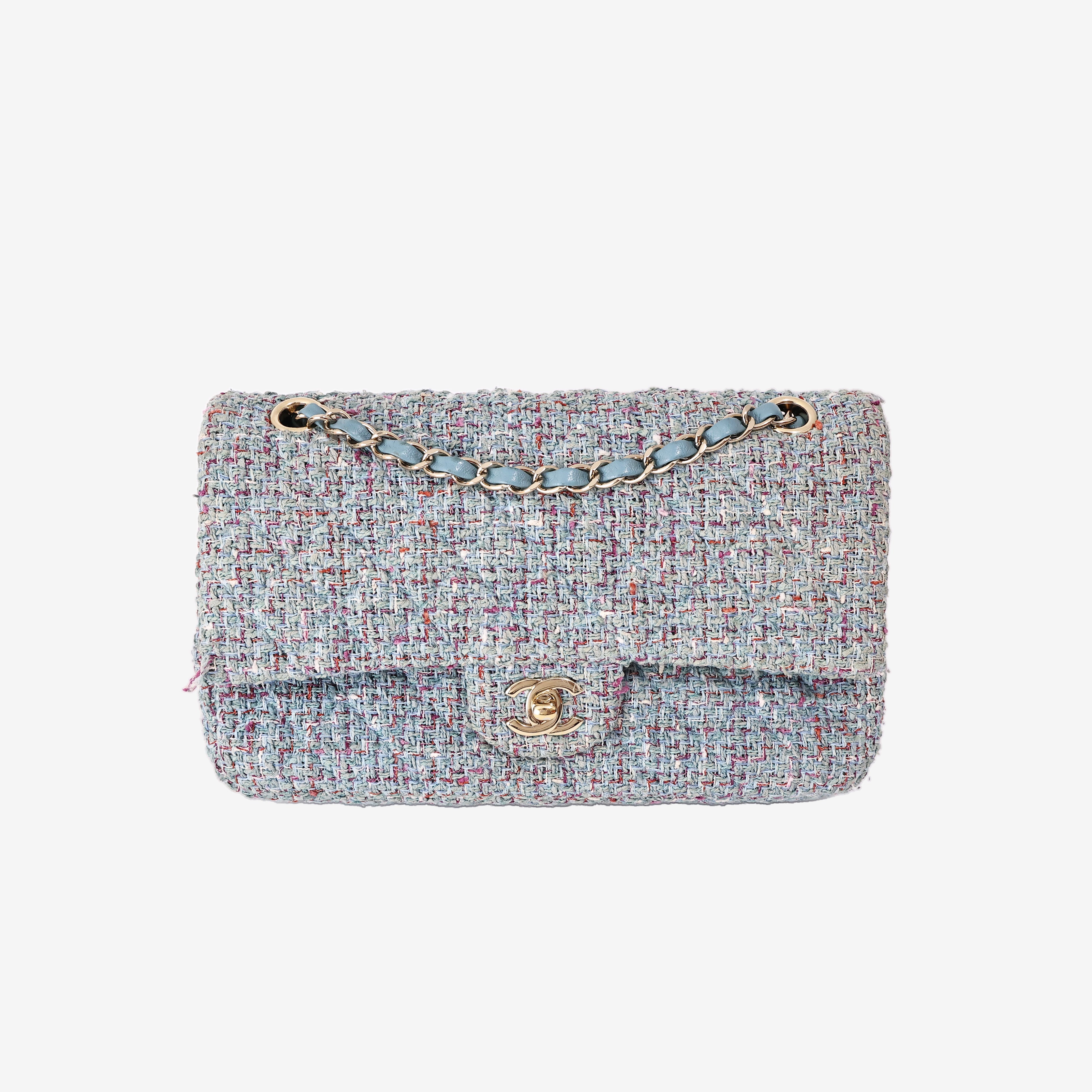 Chanel Classic Medium Double Flap Bag in Blue Tweed with Gold Hardware