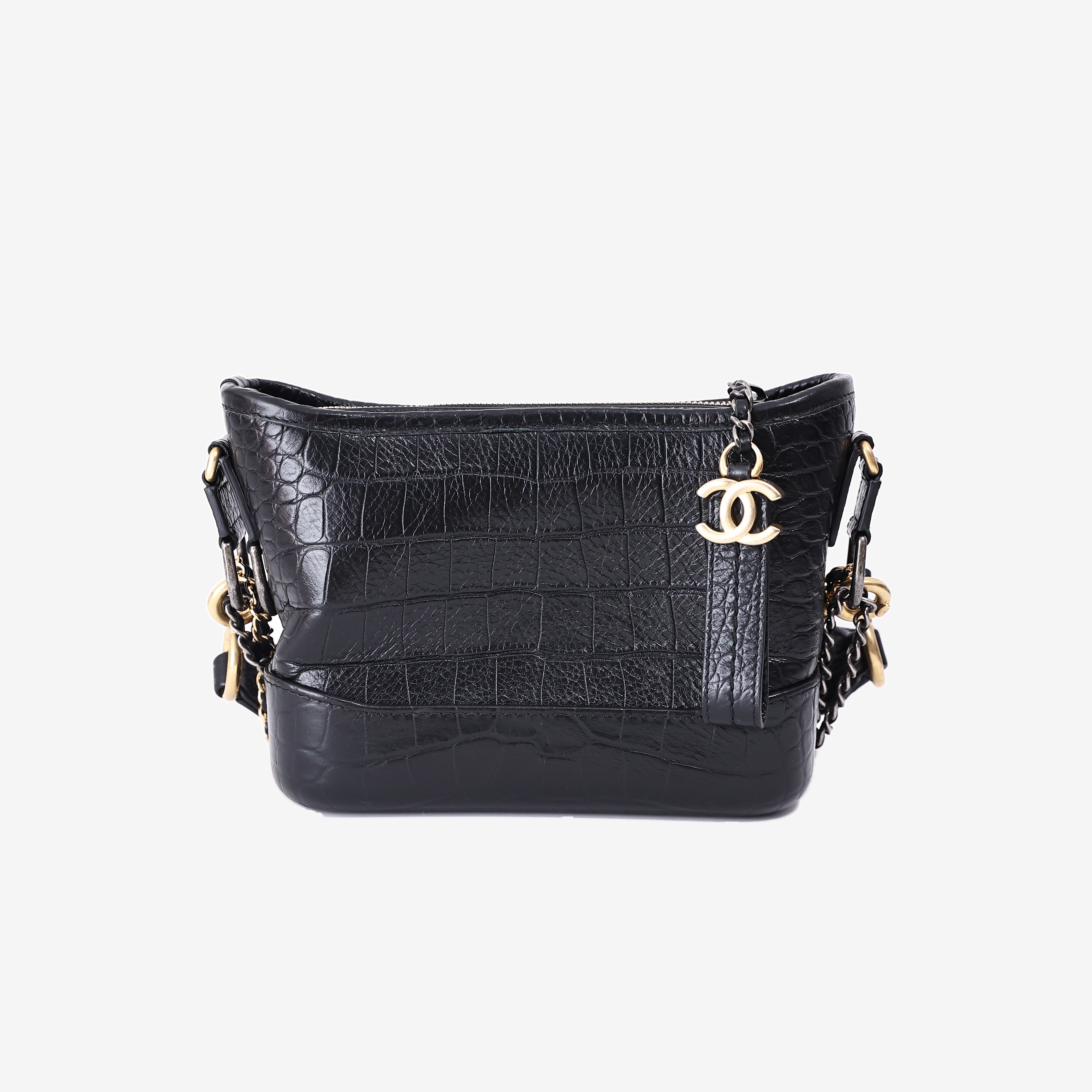 Chanel Small Gabrielle Hobo Bag in Black Crocodile-Embossed Calfskin Leather with Gold Hardware