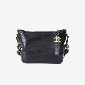 Chanel Small Gabrielle Hobo Bag in Black Crocodile-Embossed Calfskin Leather with Gold Hardware