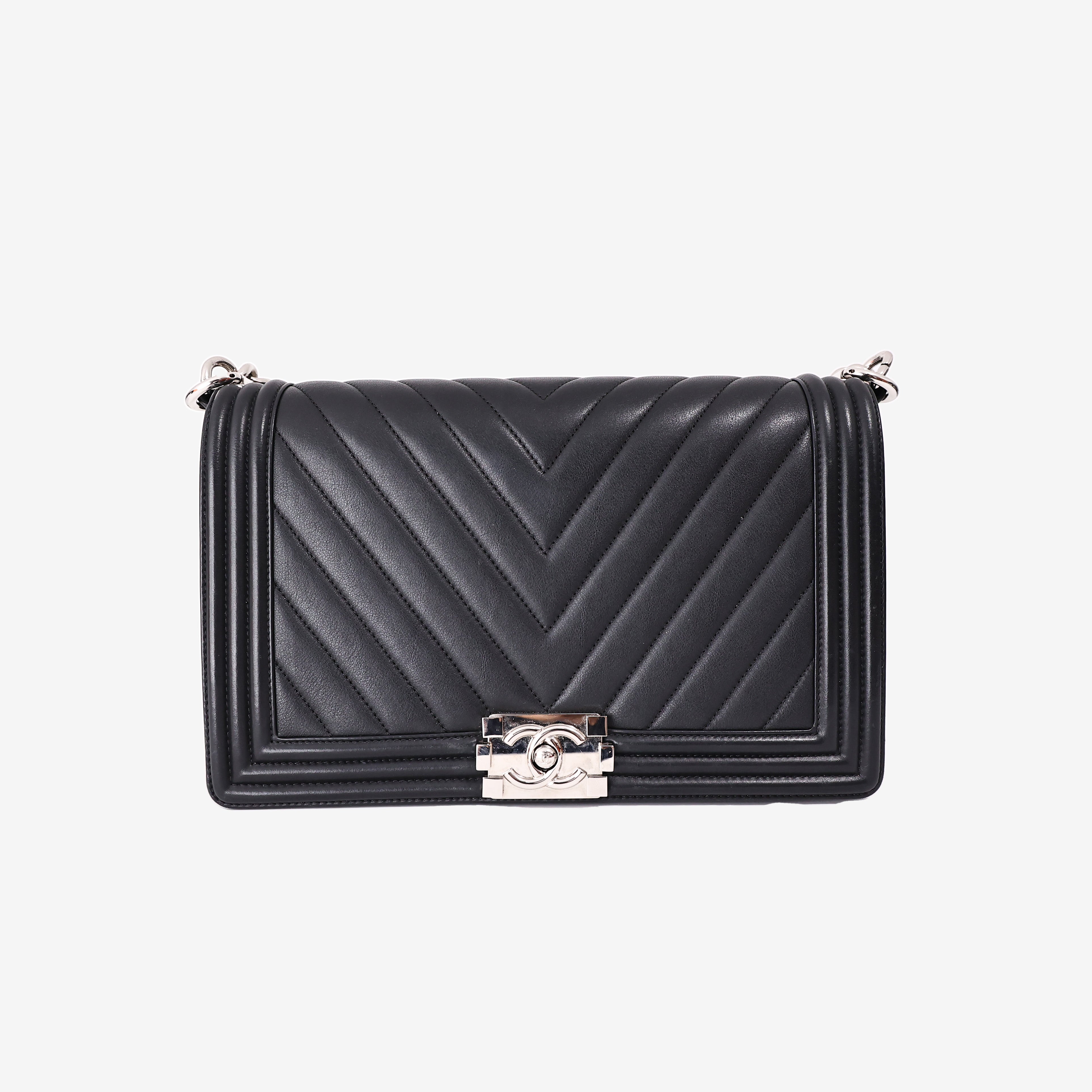 Chanel Boy Bag in Black Chevron Leather with Silver Hardware