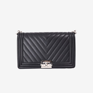 Chanel Boy Bag in Black Chevron Leather with Silver Hardware