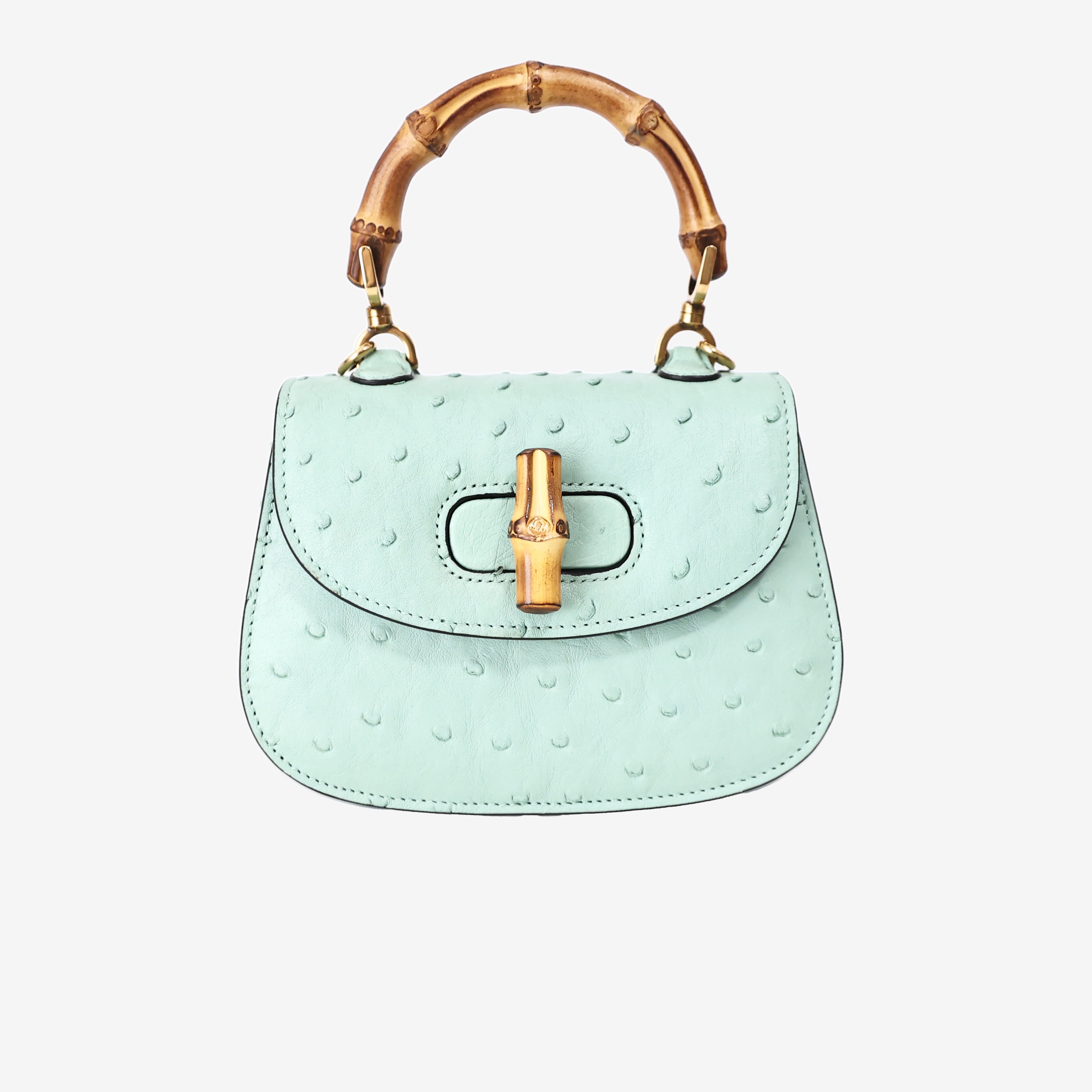 Gucci Bamboo 1947 Mini Bag in Green Ostrich Leather with Gold Hardware