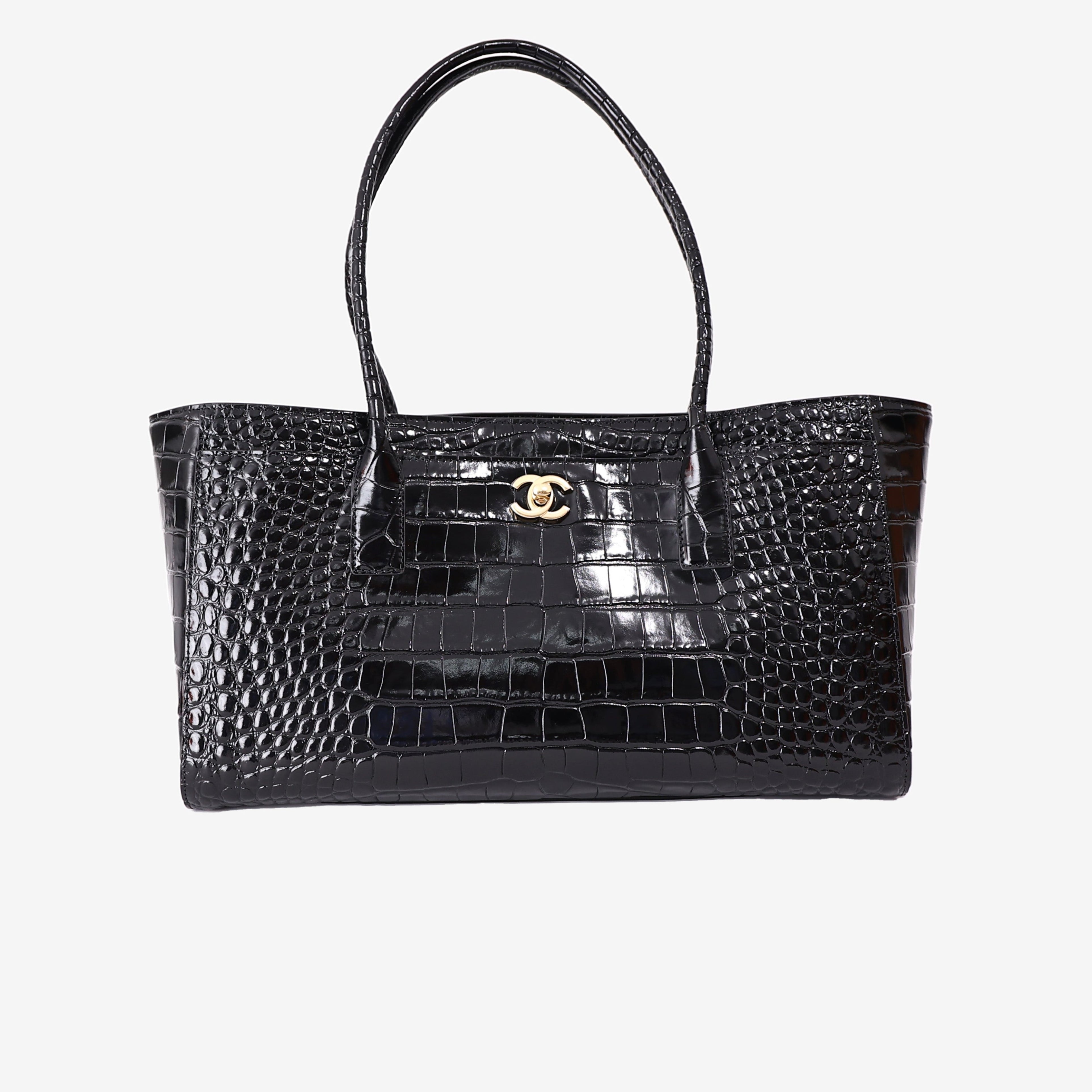 Chanel 26S Matthieu Blazy Crocodile-Embossed Shopping Tote in Black Calfskin with Gold Hardware (Contact to Enquire)