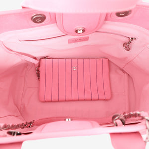 Chanel Large Deauville Tote in Pink and Blue Striped Canvas with Calfskin Leather and Palladium Hardware