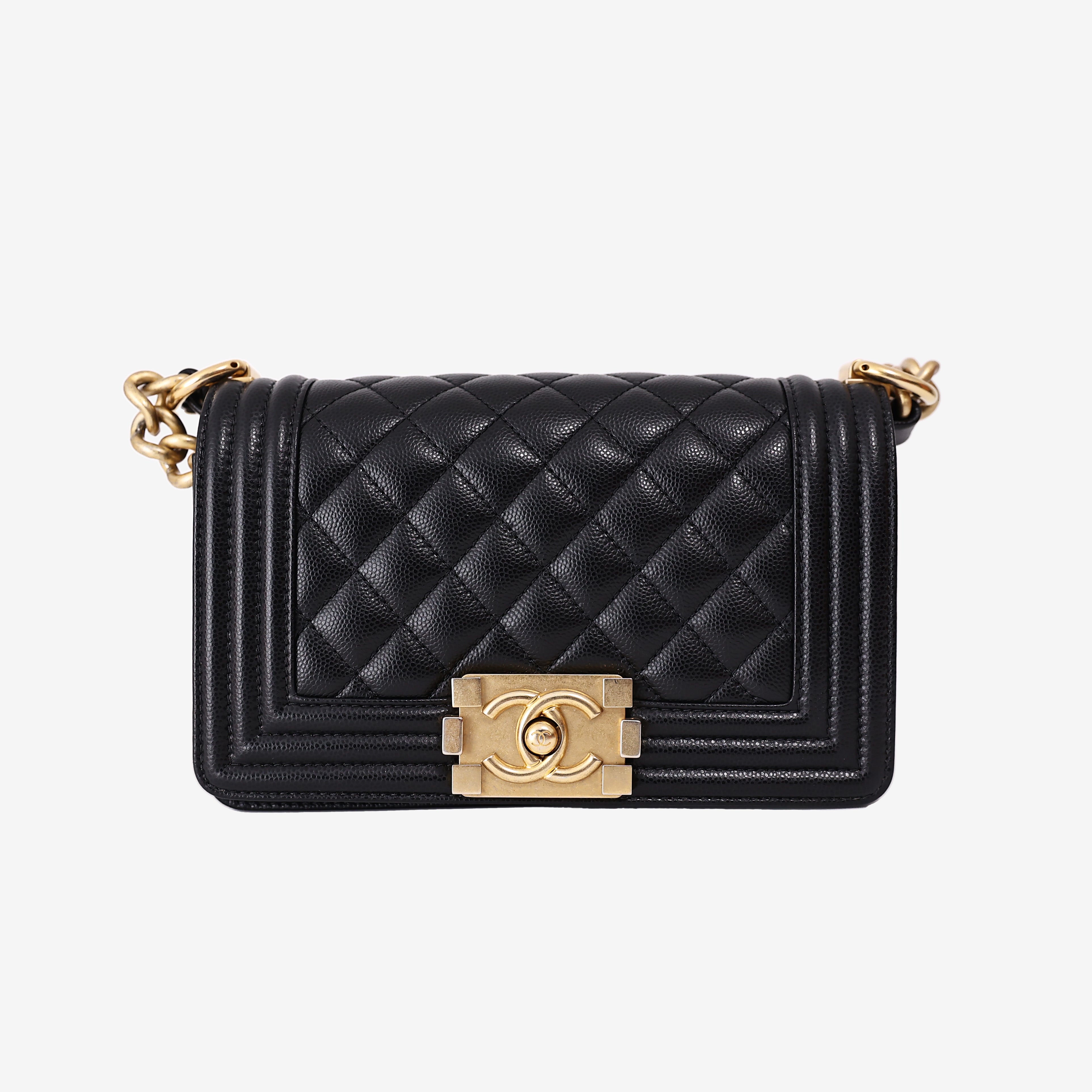 Chanel Small Boy Bag in Black Quilted Caviar Leather with Gold Hardware