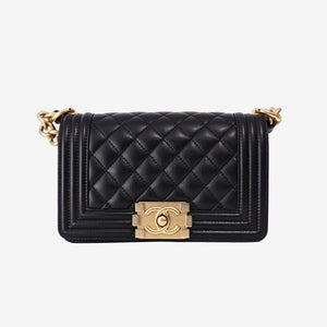 Chanel Small Boy Bag in Black Quilted Caviar Leather with Gold Hardware
