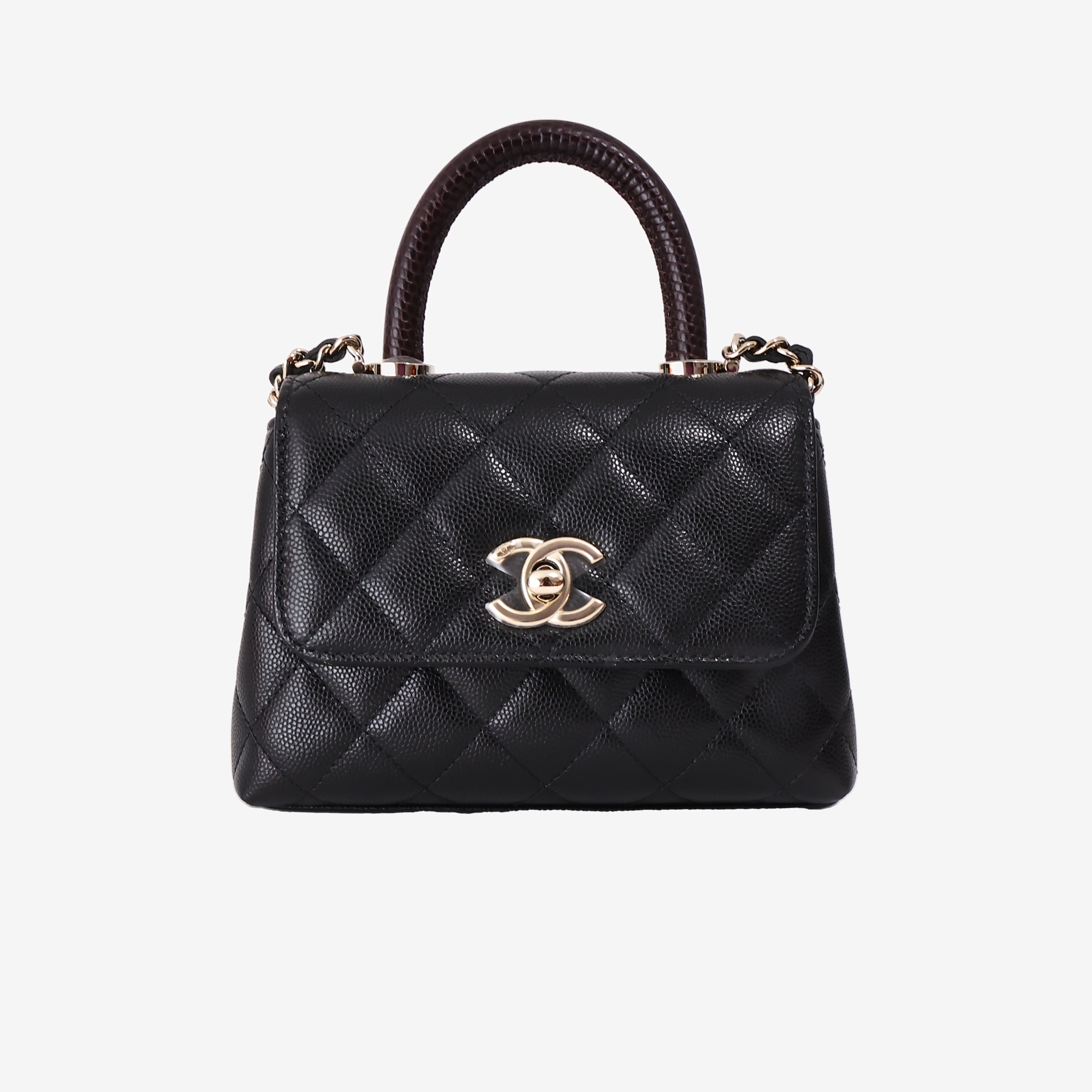 Chanel Mini Coco Handle in Black Caviar Leather with Gold Hardware and Burgundy Lizard-Embossed Top Handle