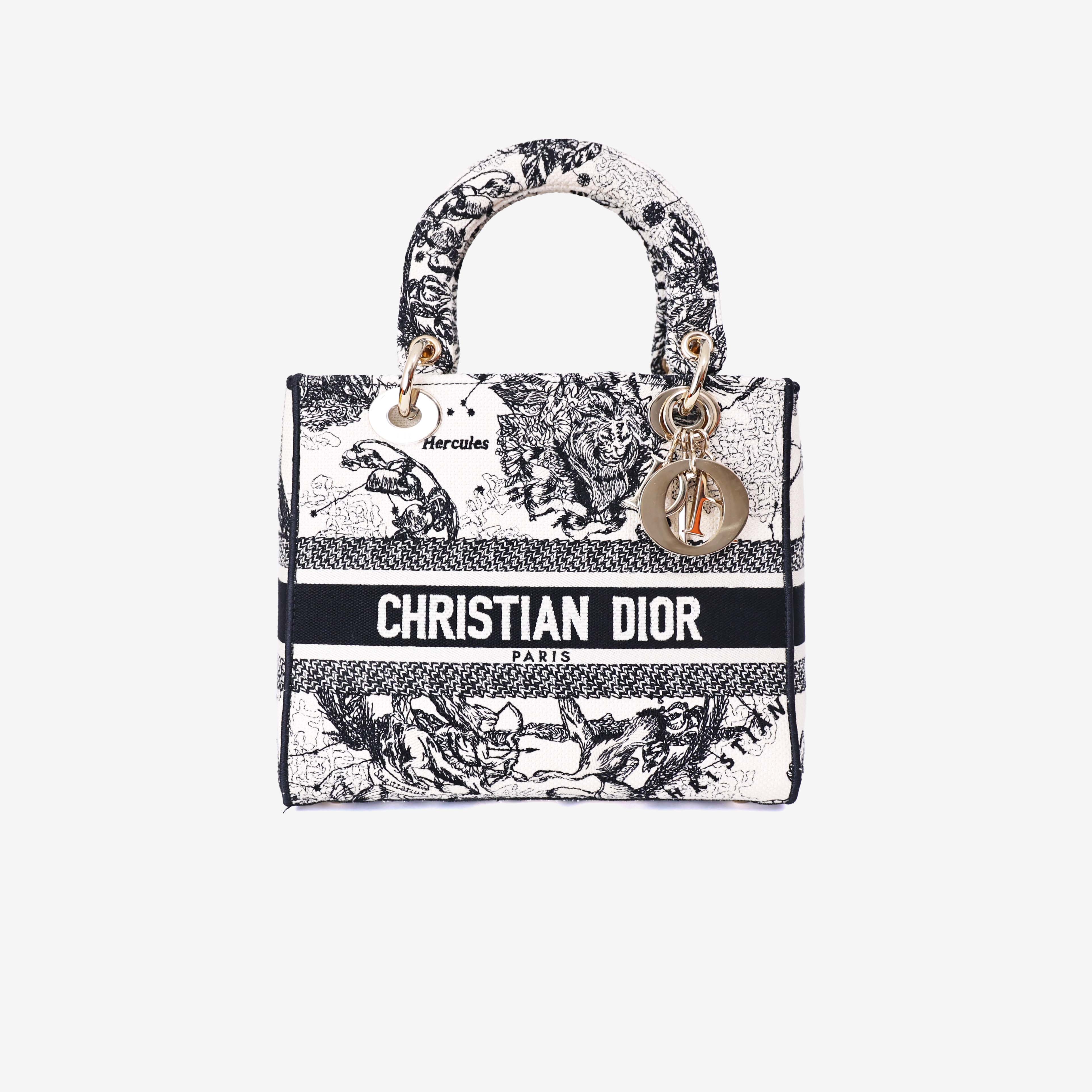 Dior Medium Lady D-Lite Zodiac Embroidered Bag in White/Black Canvas with Gold Hardware