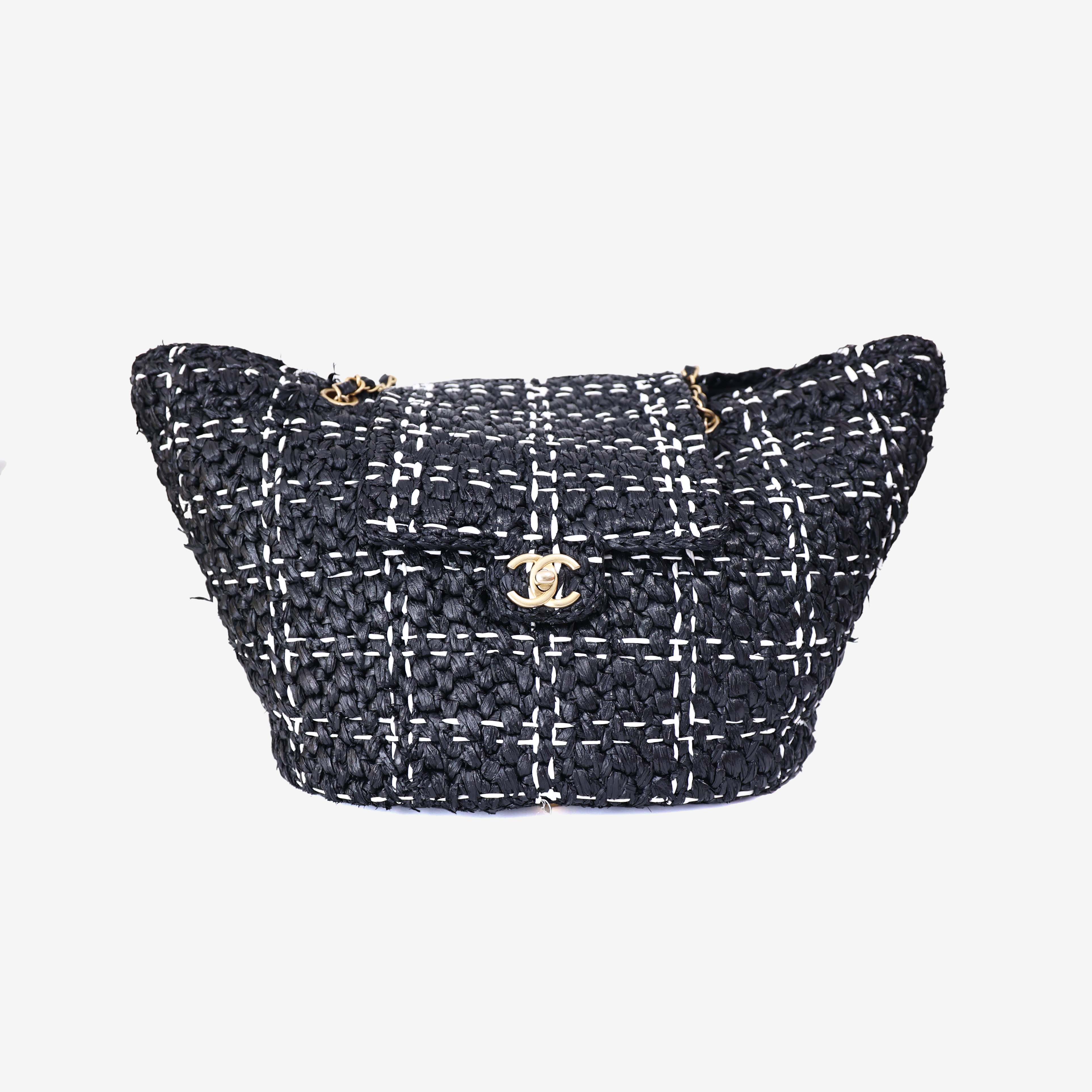 Chanel Raffia Effect Tote in Black/White Tweed Raffia Effect with Gold Hardware