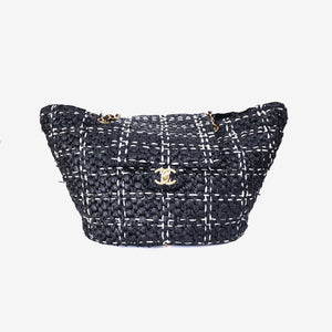 Chanel Raffia Effect Tote in Black/White Tweed Raffia Effect with Gold Hardware