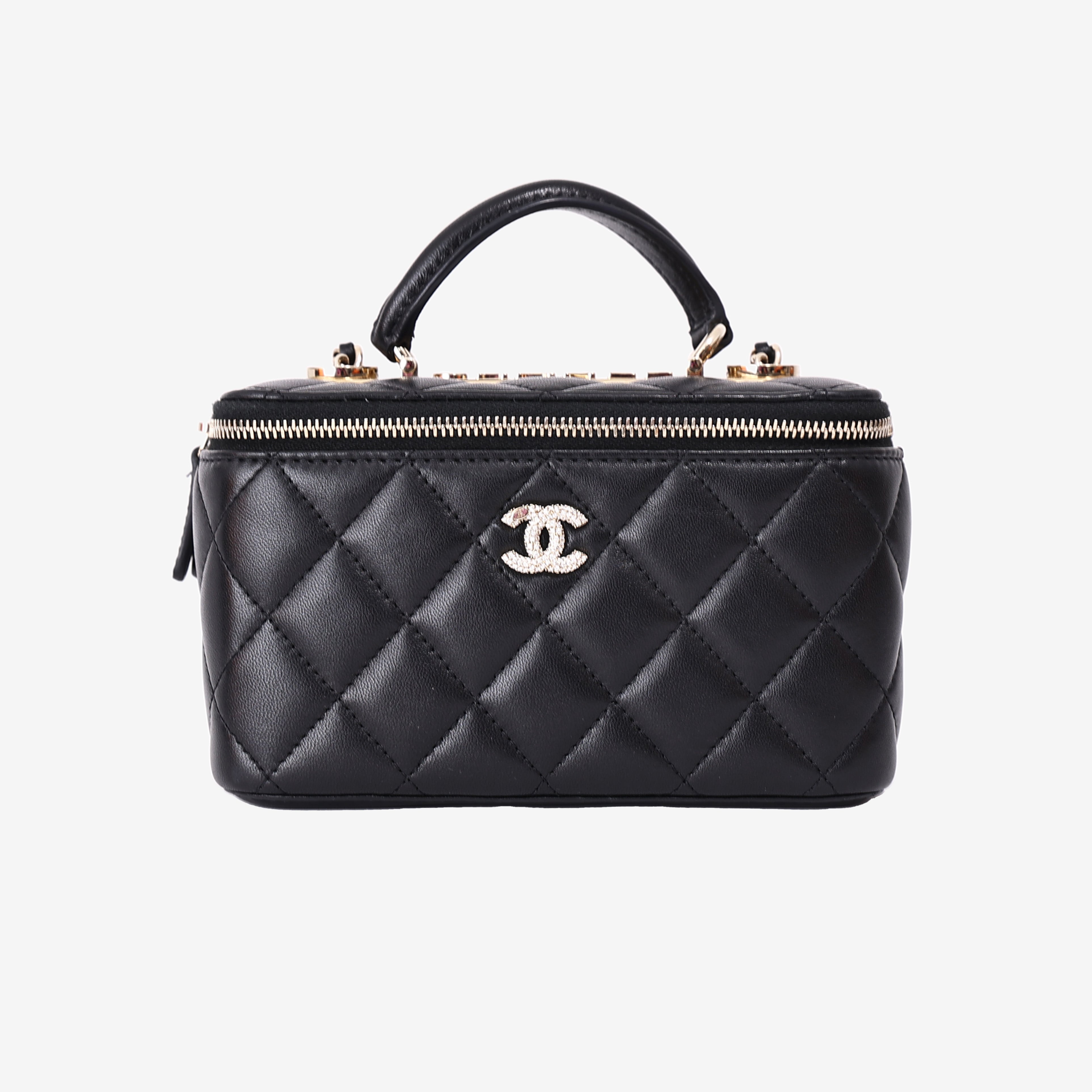 Chanel Small Vanity Case with Top Handle in Black Lambskin Leather with Gold Hardware