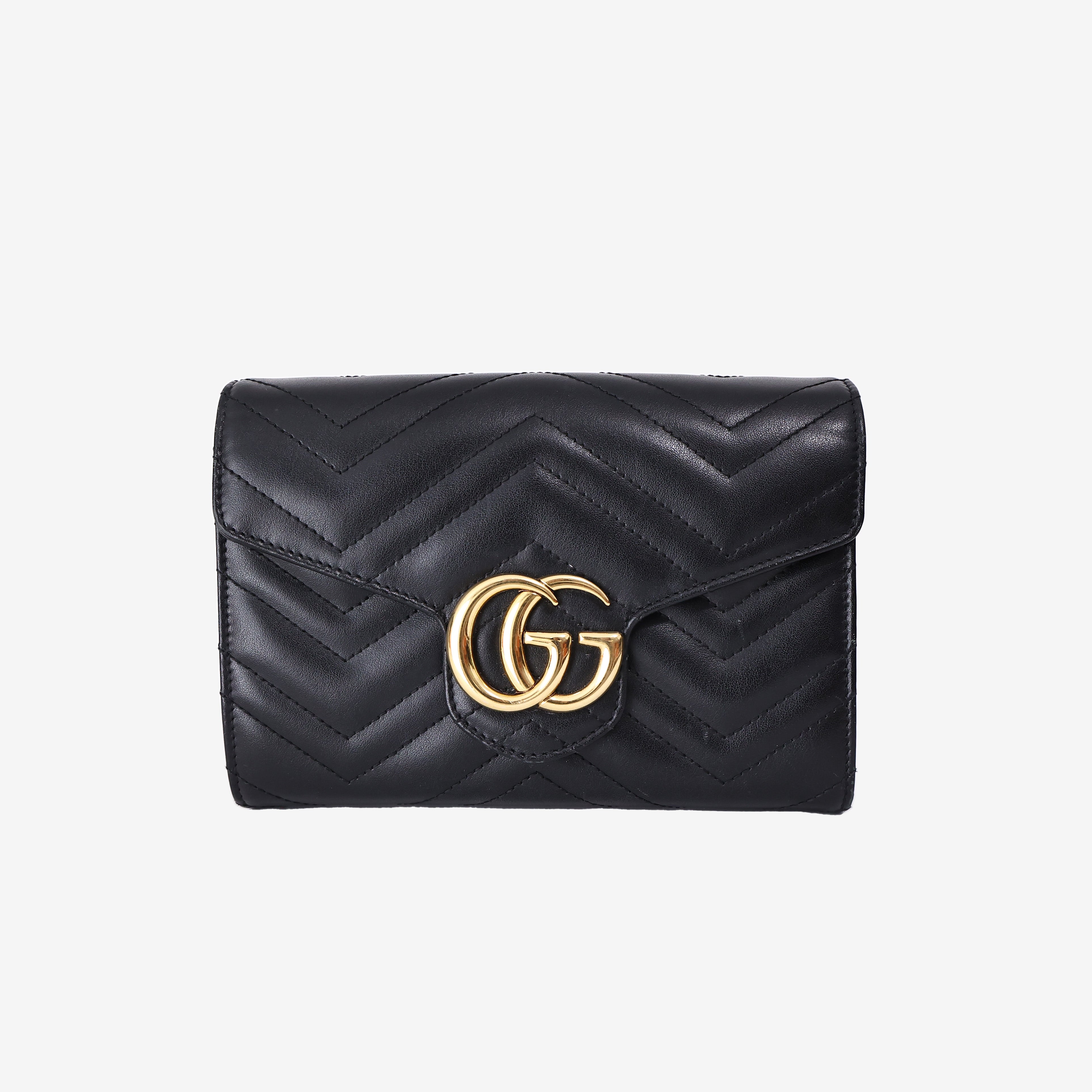 Gucci GG Marmont Wallet on Chain in Black Matelassé Lambskin Leather with Gold Hardware