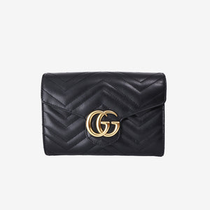 Gucci GG Marmont Wallet on Chain in Black Matelassé Lambskin Leather with Gold Hardware