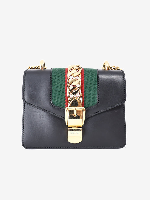 Gucci Sylvie Small Chain Bag in Black Calfskin Leather with Gold Hardware