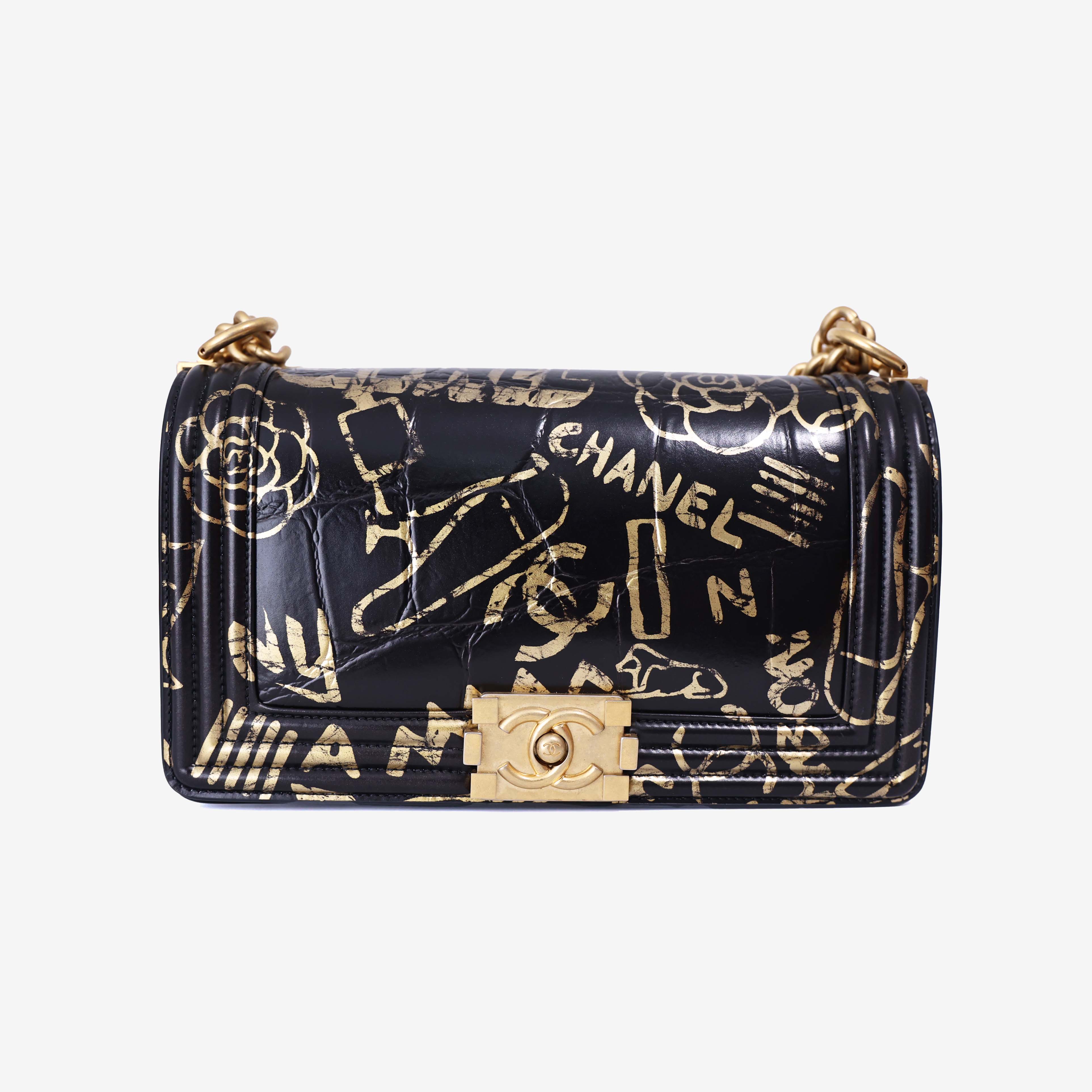Chanel Medium Boy Flap Bag in Black Embossed Calfskin Leather with Gold Hardware