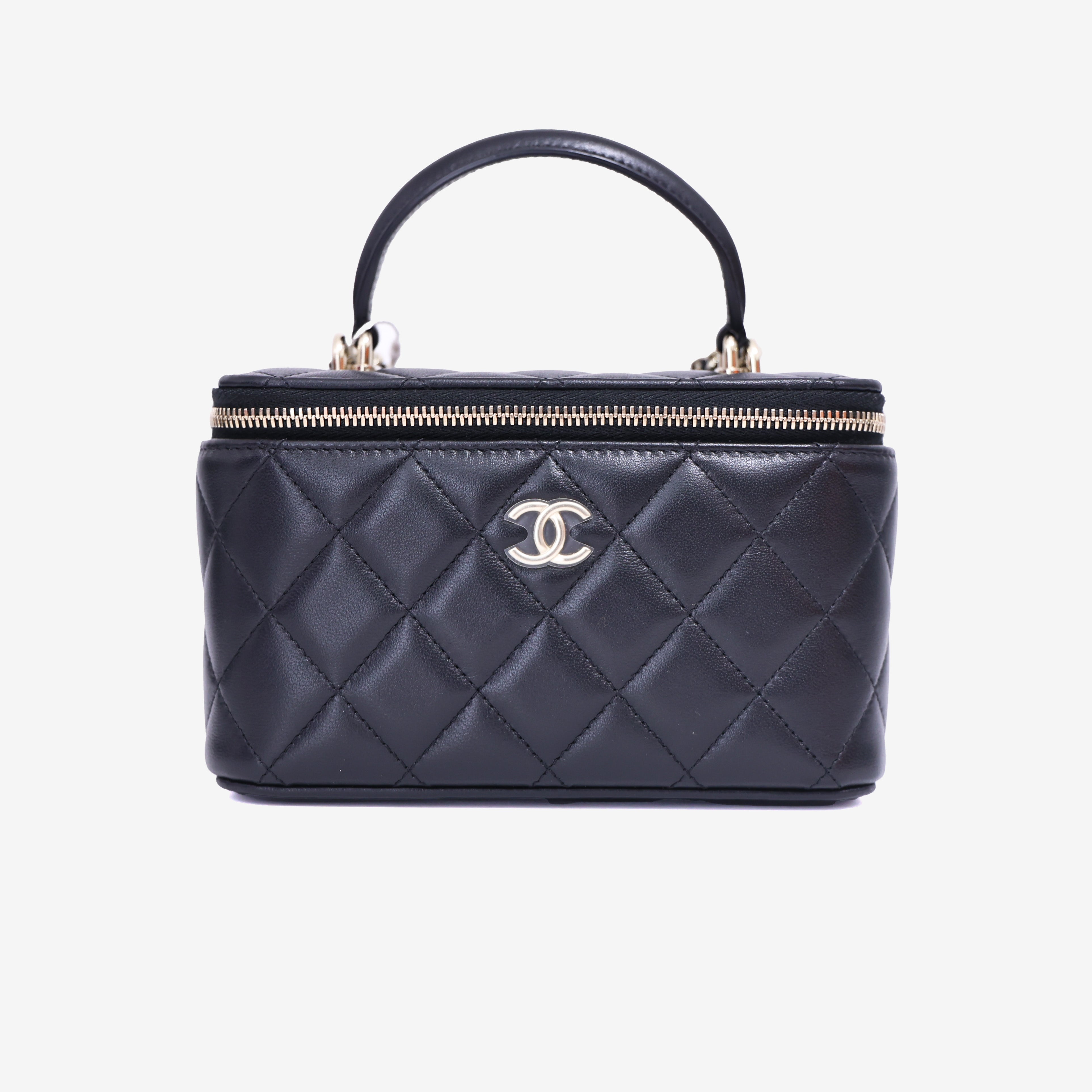 Chanel Vanity Case with Top Handle in Black Lambskin Leather with Gold Hardware (Contact to Enquire)